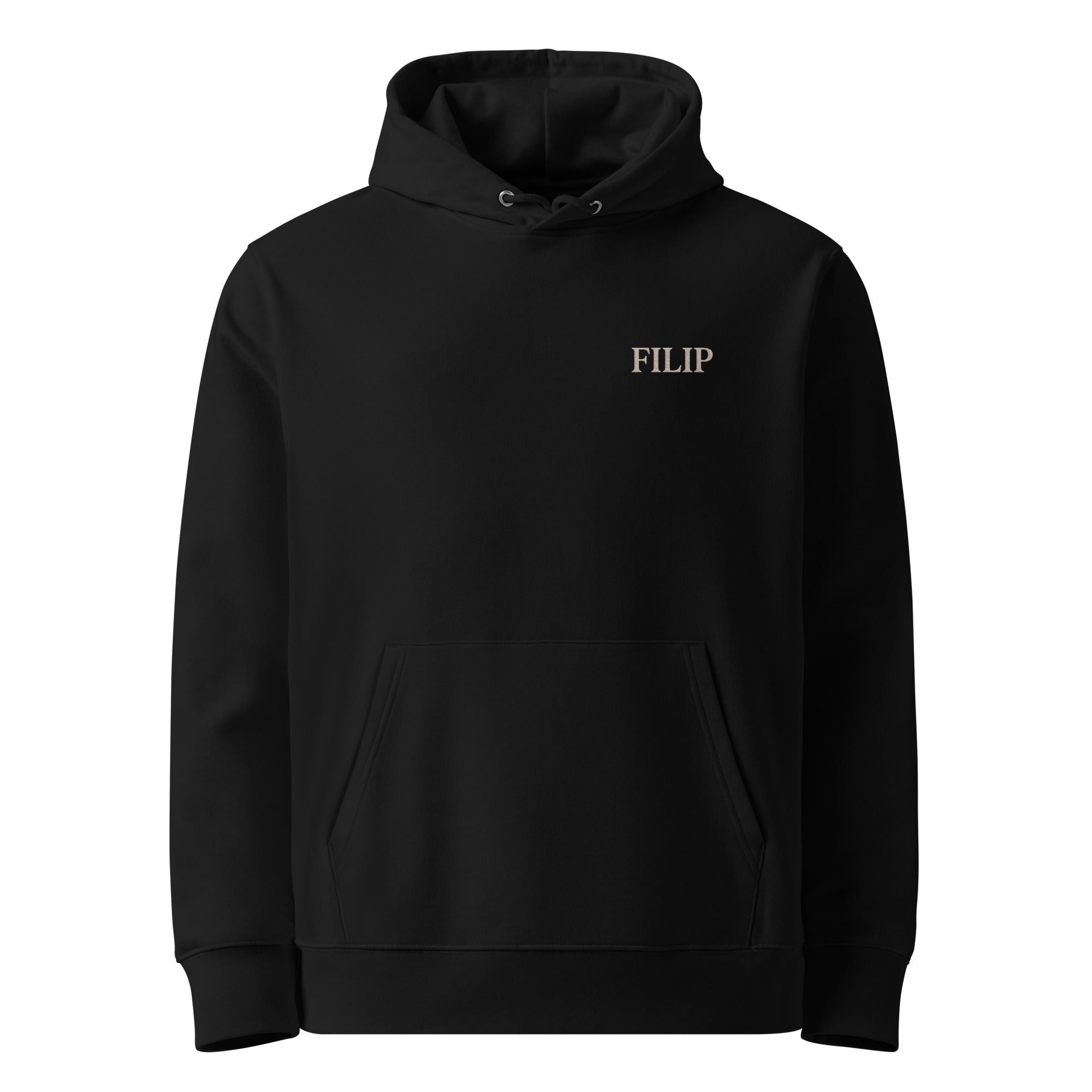 Sudadera FILIP Negro — vista frontal, bordado artesanal hilo avena, tejido eco premium 350g | Filip Maison