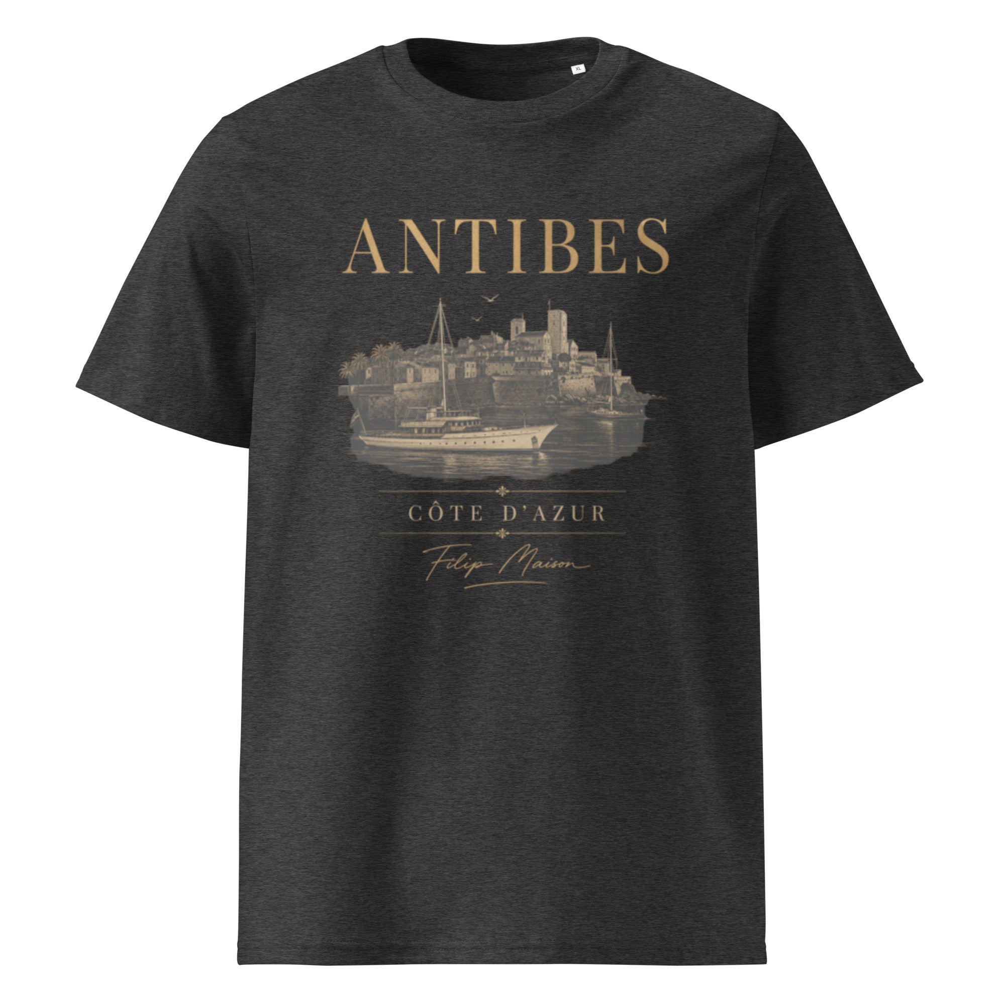 Camiseta Heritage FILIP Antibes — vista frontal, estampado Riviera Francesa vintage, algodón orgánico GOTS | Filip Maison