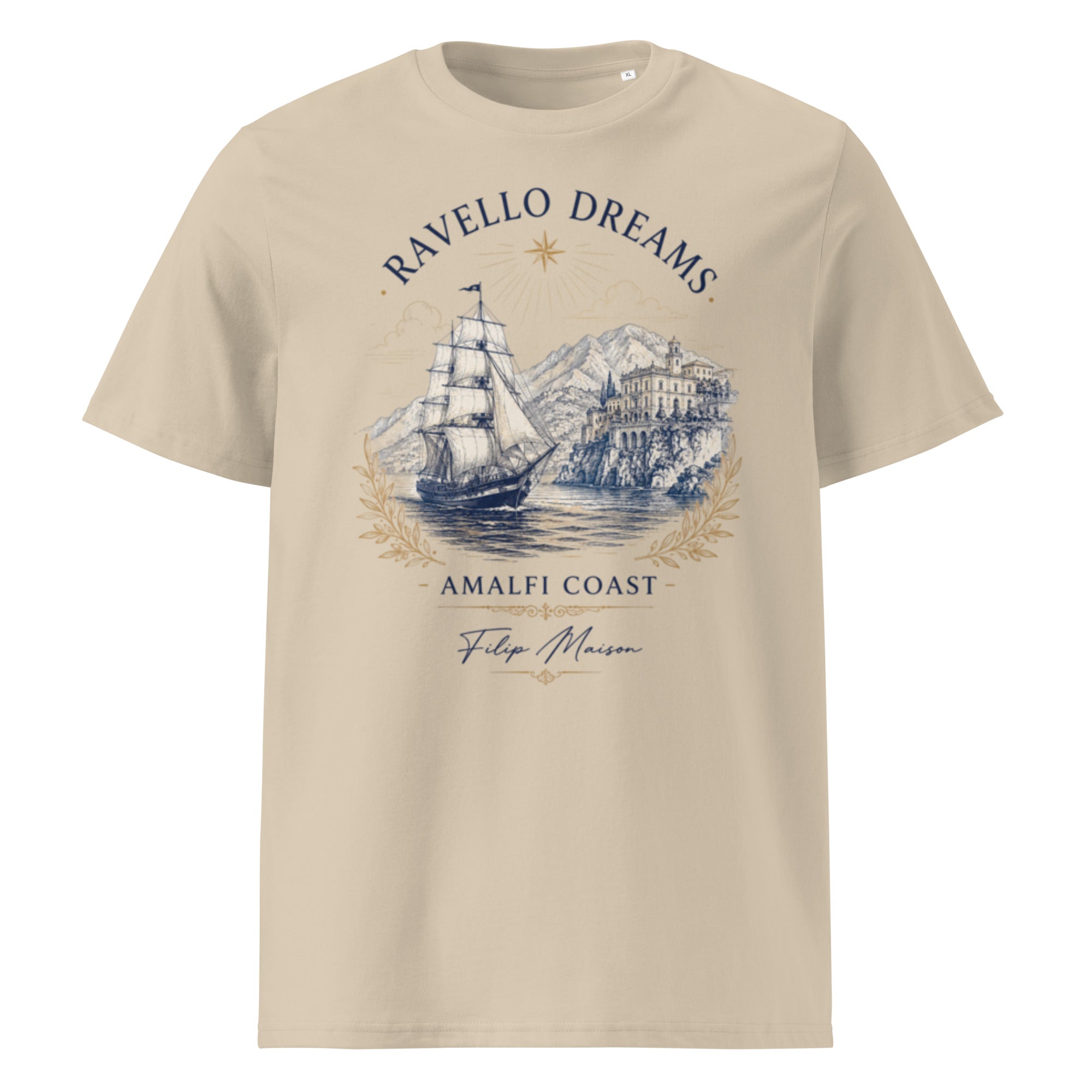 Camiseta Heritage FILIP Ravello — vista frontal, estampado Costa Amalfitana vintage, algodón orgánico GOTS | Filip Maison