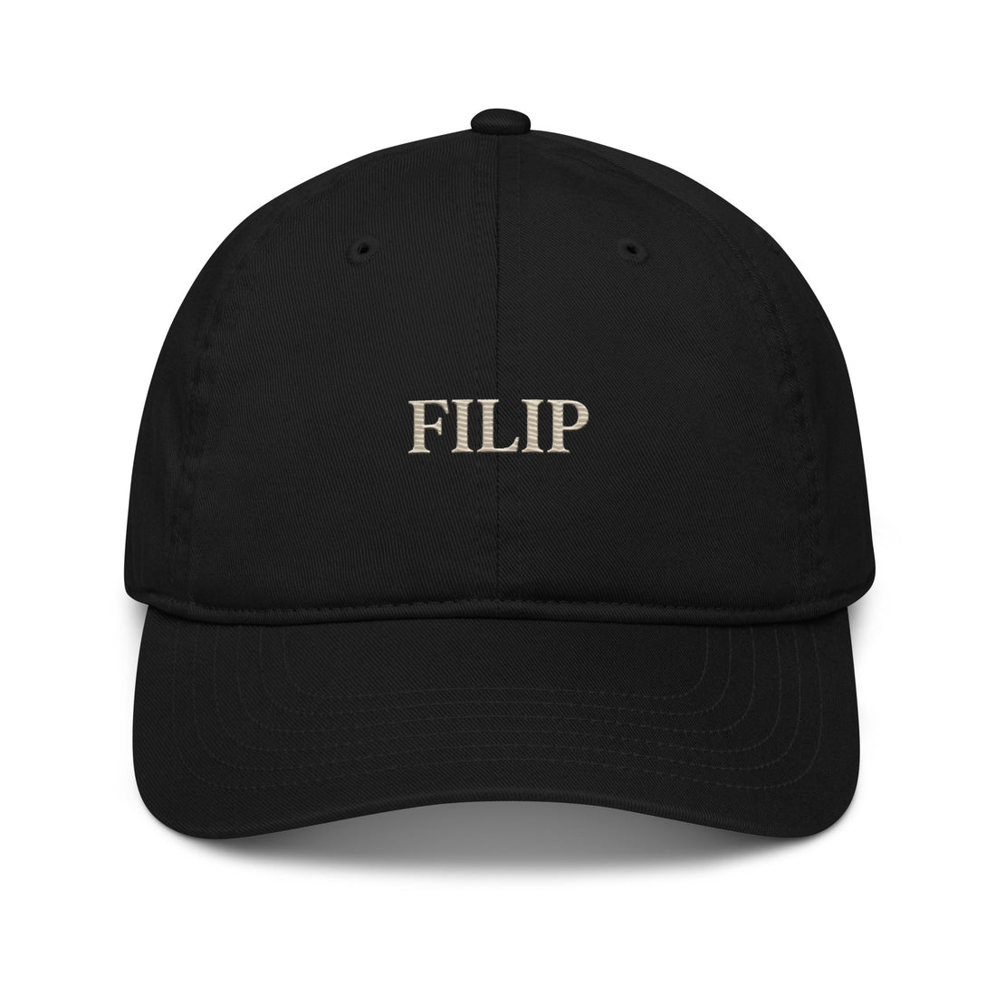 Gorra Béisbol FILIP Negra — vista frontal, bordado artesanal hilo avena, algodón orgánico GOTS | Filip Maison