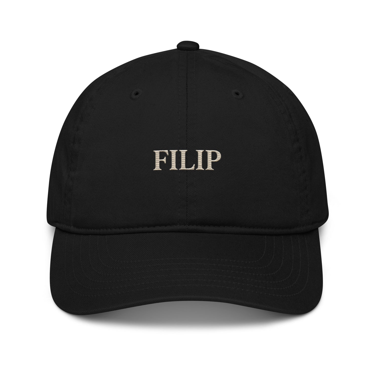 Gorra Béisbol FILIP Negra — vista frontal, bordado artesanal hilo avena, algodón orgánico GOTS | Filip Maison
