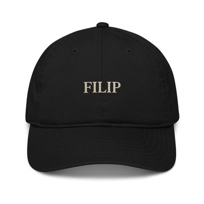 Gorra Béisbol FILIP Negra — vista frontal, bordado artesanal hilo avena, algodón orgánico GOTS | Filip Maison
