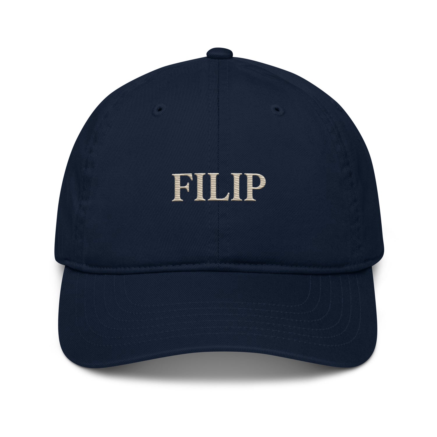 Gorra Béisbol FILIP Azul Marino — vista frontal, bordado artesanal hilo avena, algodón orgánico GOTS | Filip Maison