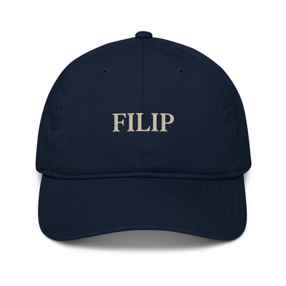 Gorra Béisbol FILIP Azul Marino — vista frontal, bordado artesanal hilo avena, algodón orgánico GOTS | Filip Maison