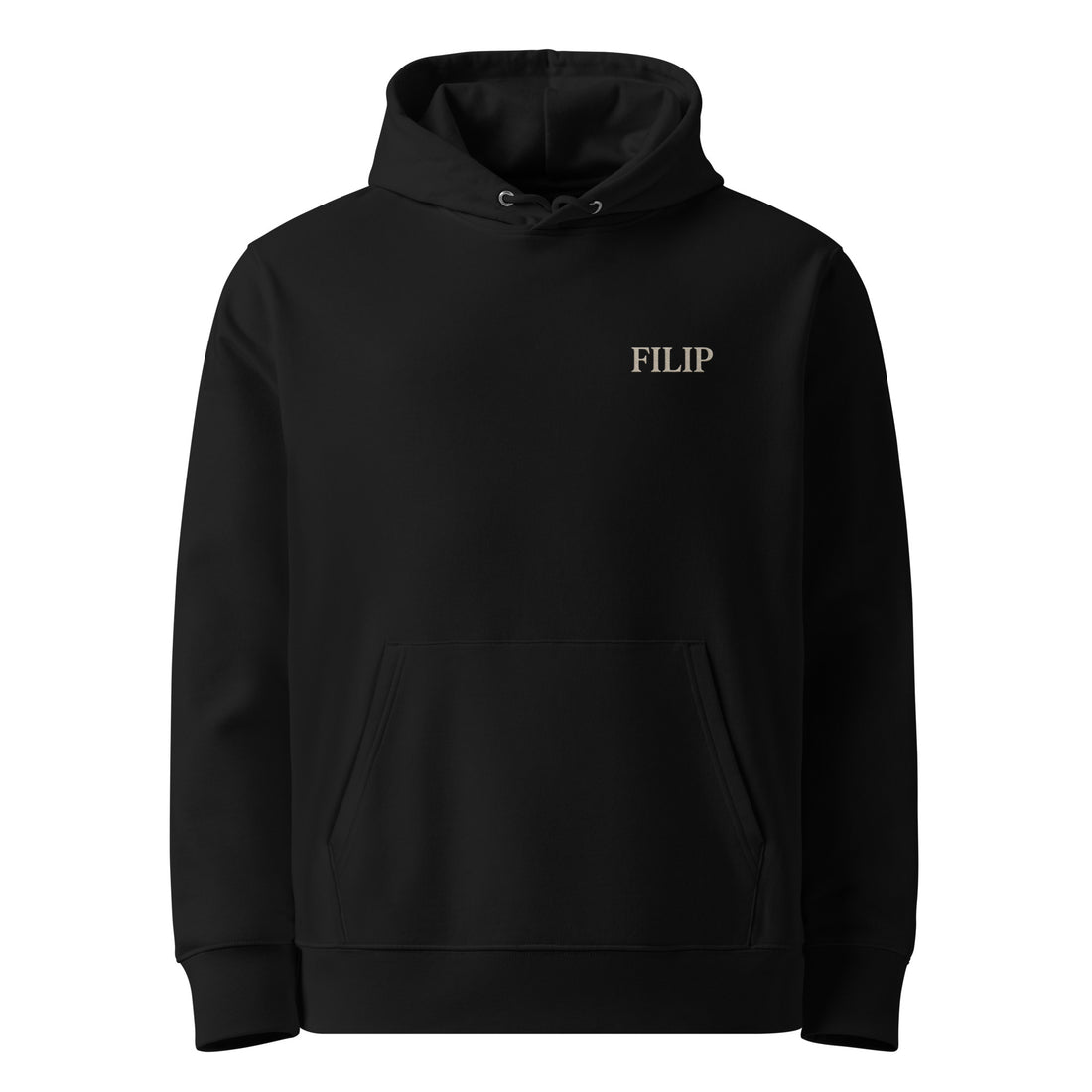 Sudadera FILIP Negro — vista frontal, bordado artesanal hilo avena, tejido eco premium 350g | Filip Maison