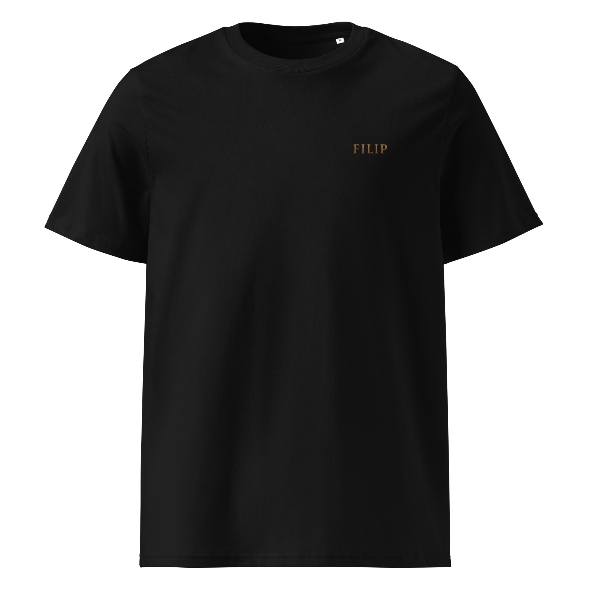 Camiseta FILIP Negro — vista frontal, bordado artesanal hilo bronce, algodón orgánico GOTS | Filip Maison