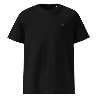 Camiseta FILIP Negro — vista frontal, bordado artesanal hilo bronce, algodón orgánico GOTS | Filip Maison