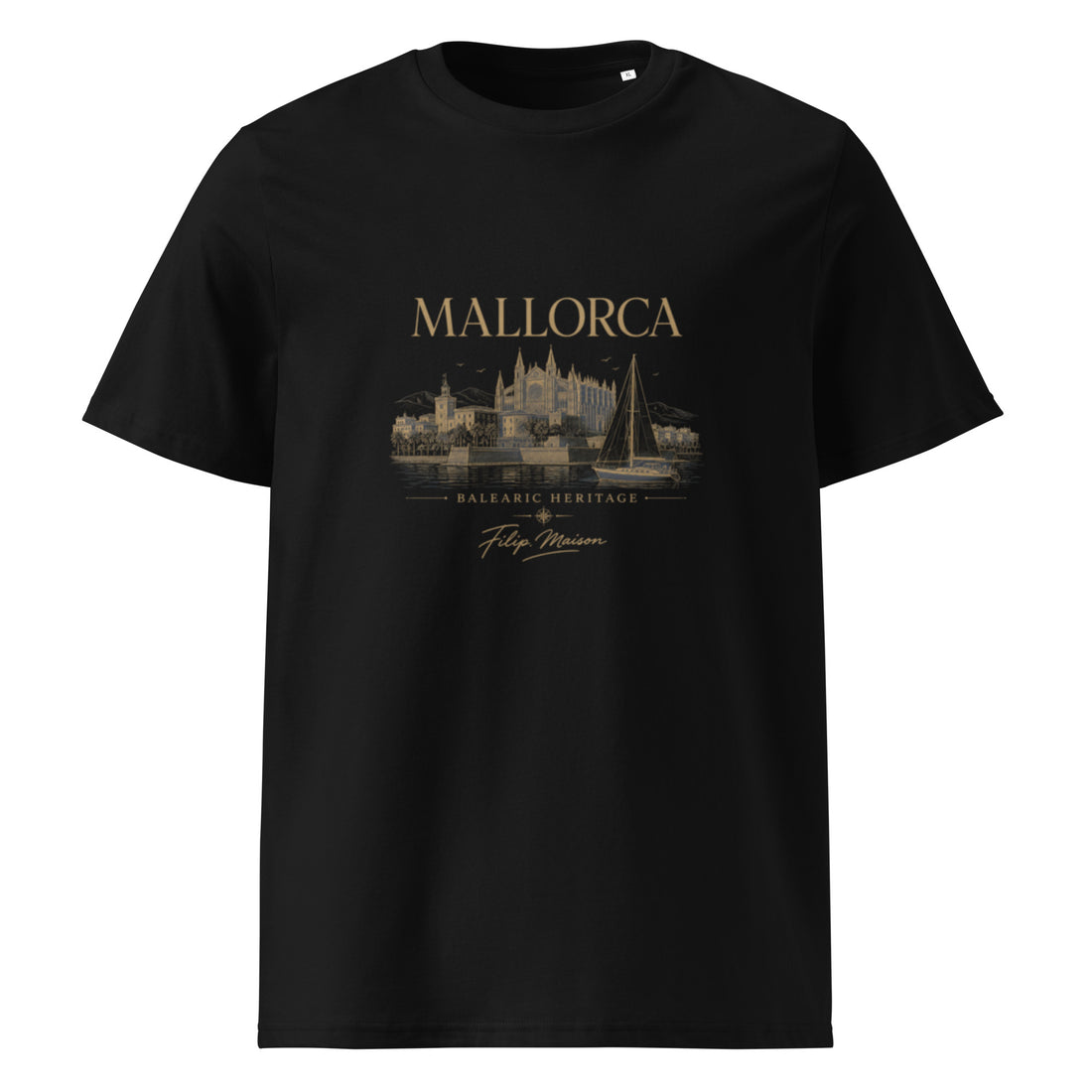 Camiseta Heritage FILIP Mallorca — vista frontal, estampado Baleares vintage, algodón orgánico GOTS | Filip Maison