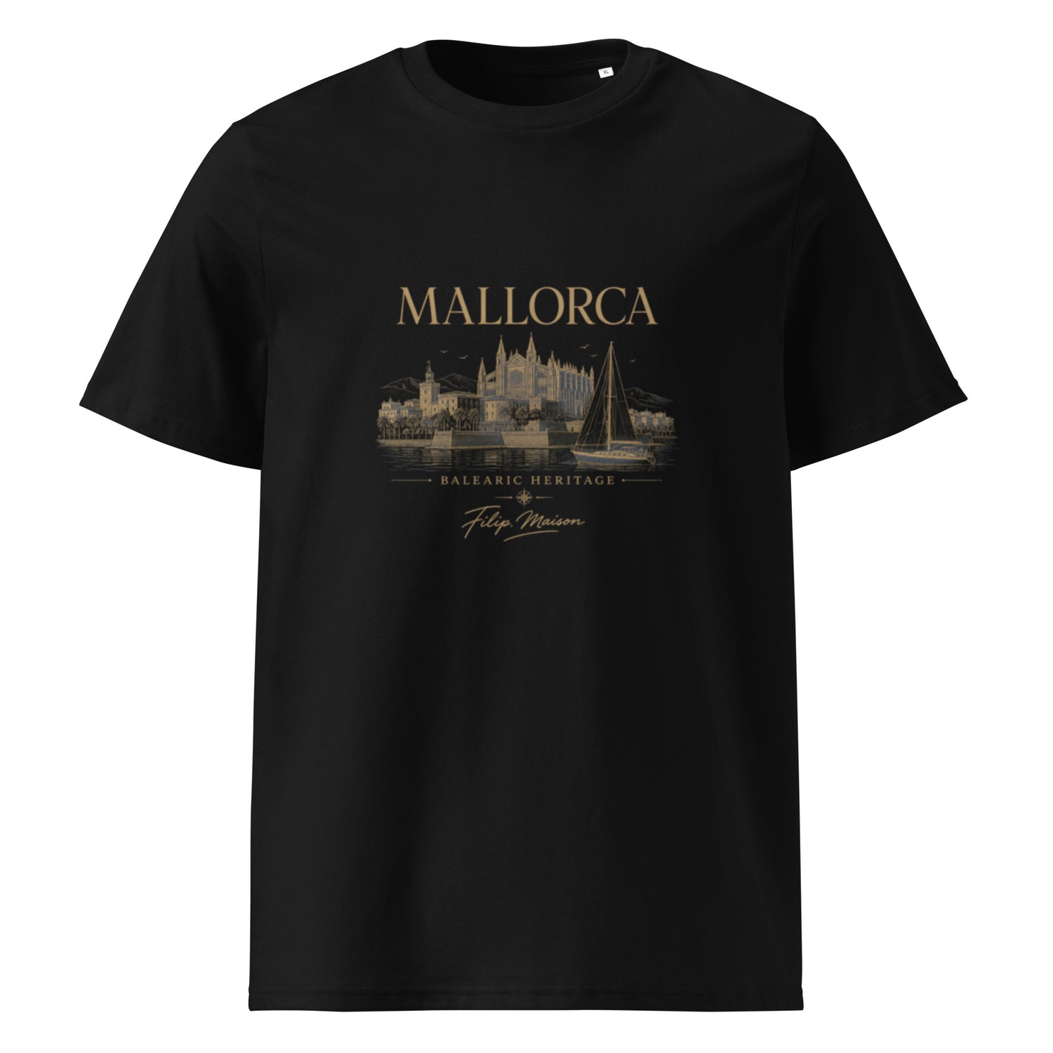 Camiseta Heritage FILIP Mallorca — vista frontal, estampado Baleares vintage, algodón orgánico GOTS | Filip Maison