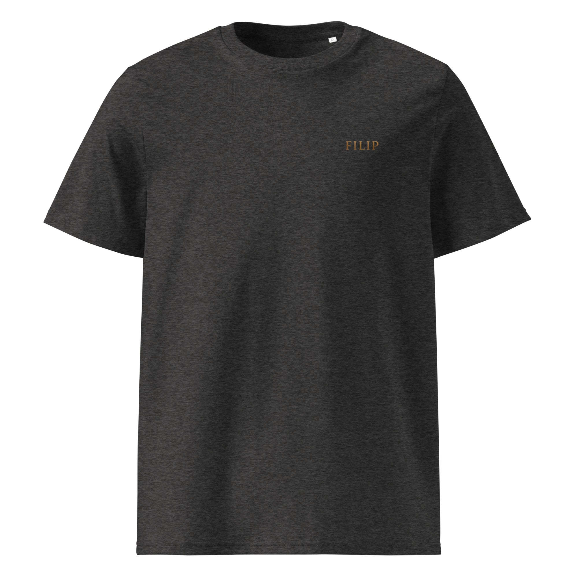Camiseta FILIP Carbón — vista frontal, bordado artesanal hilo bronce, algodón orgánico GOTS | Filip Maison