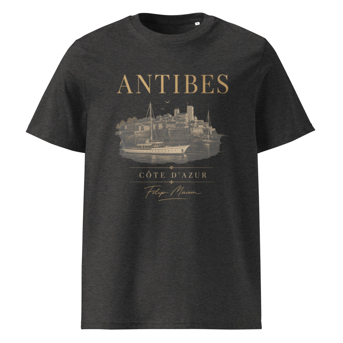 Camiseta Heritage FILIP Antibes — vista frontal, estampado Riviera Francesa vintage, algodón orgánico GOTS | Filip Maison
