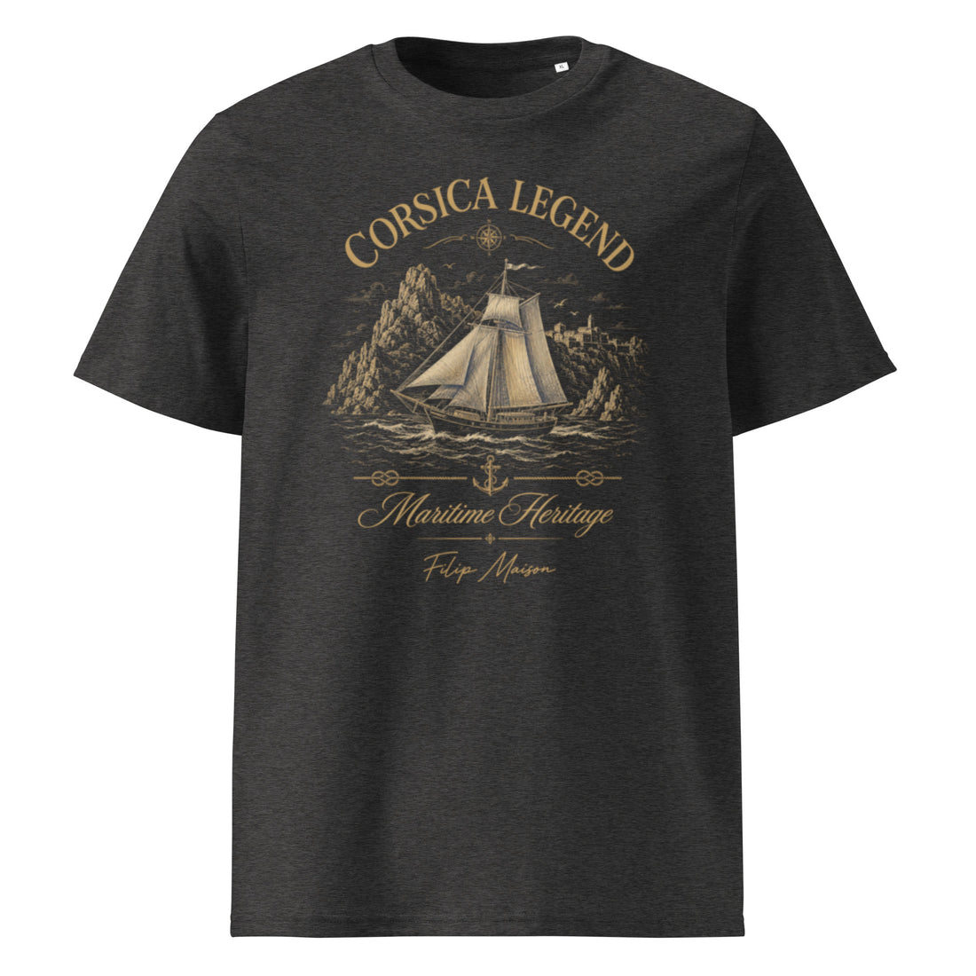 Camiseta Heritage FILIP Córcega — vista frontal, estampado mediterráneo vintage, algodón orgánico GOTS | Filip Maison