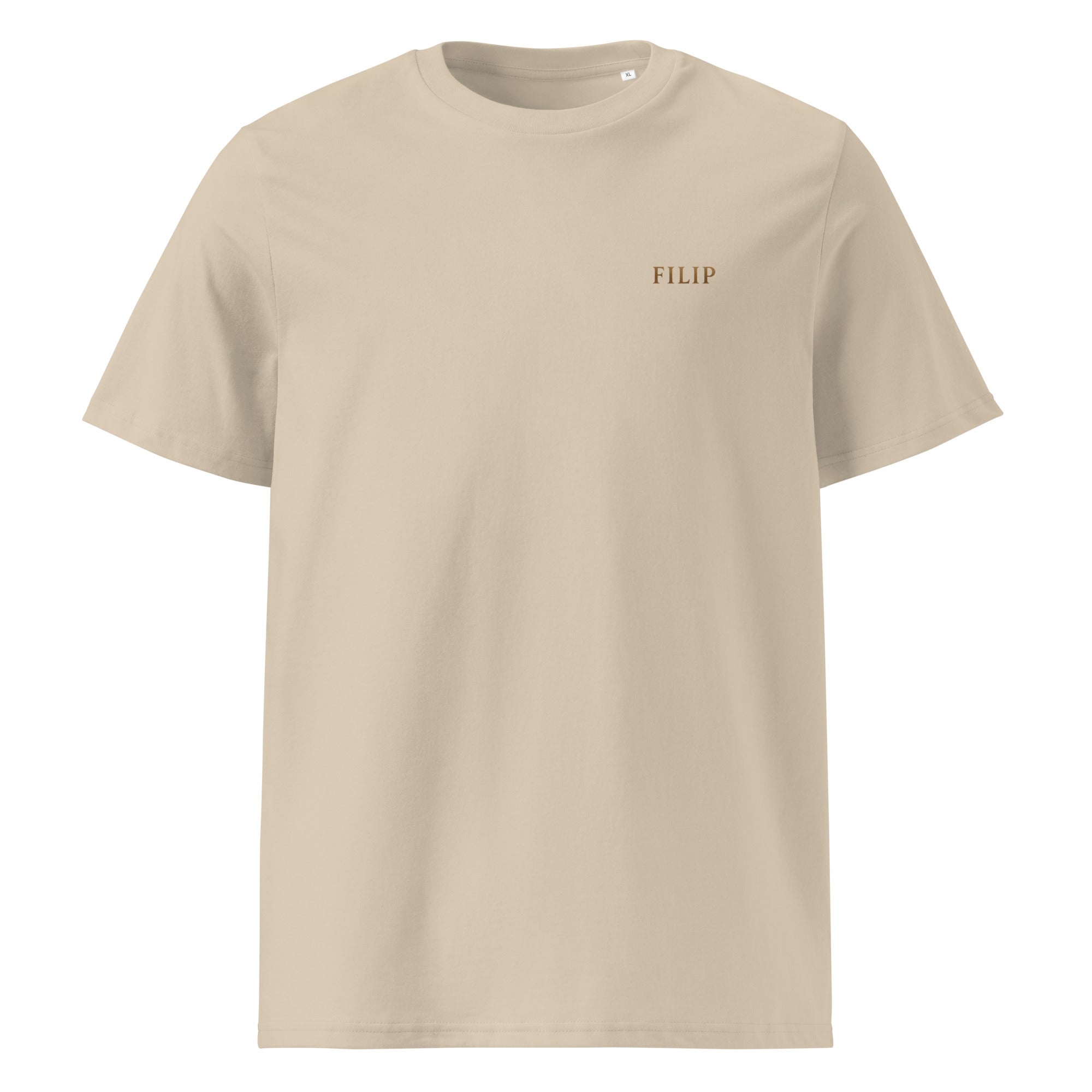 Camiseta FILIP Crema — vista frontal, bordado artesanal hilo bronce, algodón orgánico GOTS | Filip Maison