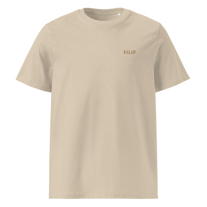 Camiseta FILIP Crema — vista frontal, bordado artesanal hilo bronce, algodón orgánico GOTS | Filip Maison