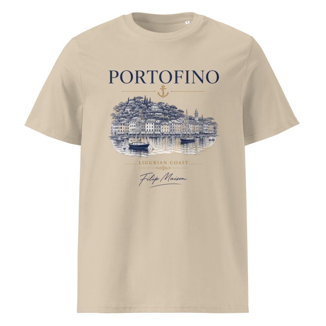 Camiseta Heritage FILIP Portofino — vista frontal, estampado náutico vintage, algodón orgánico GOTS | Filip Maison