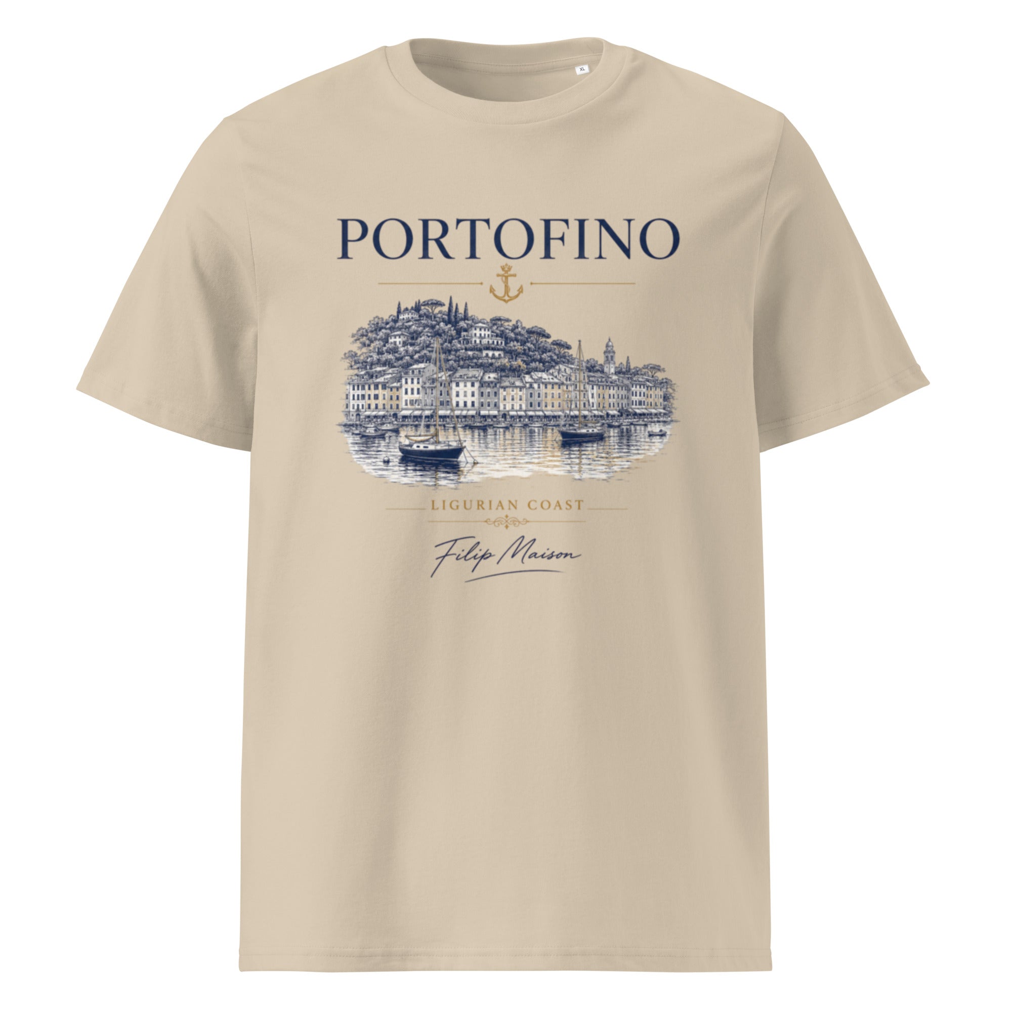 Camiseta Heritage FILIP Portofino — vista frontal, estampado náutico vintage, algodón orgánico GOTS | Filip Maison