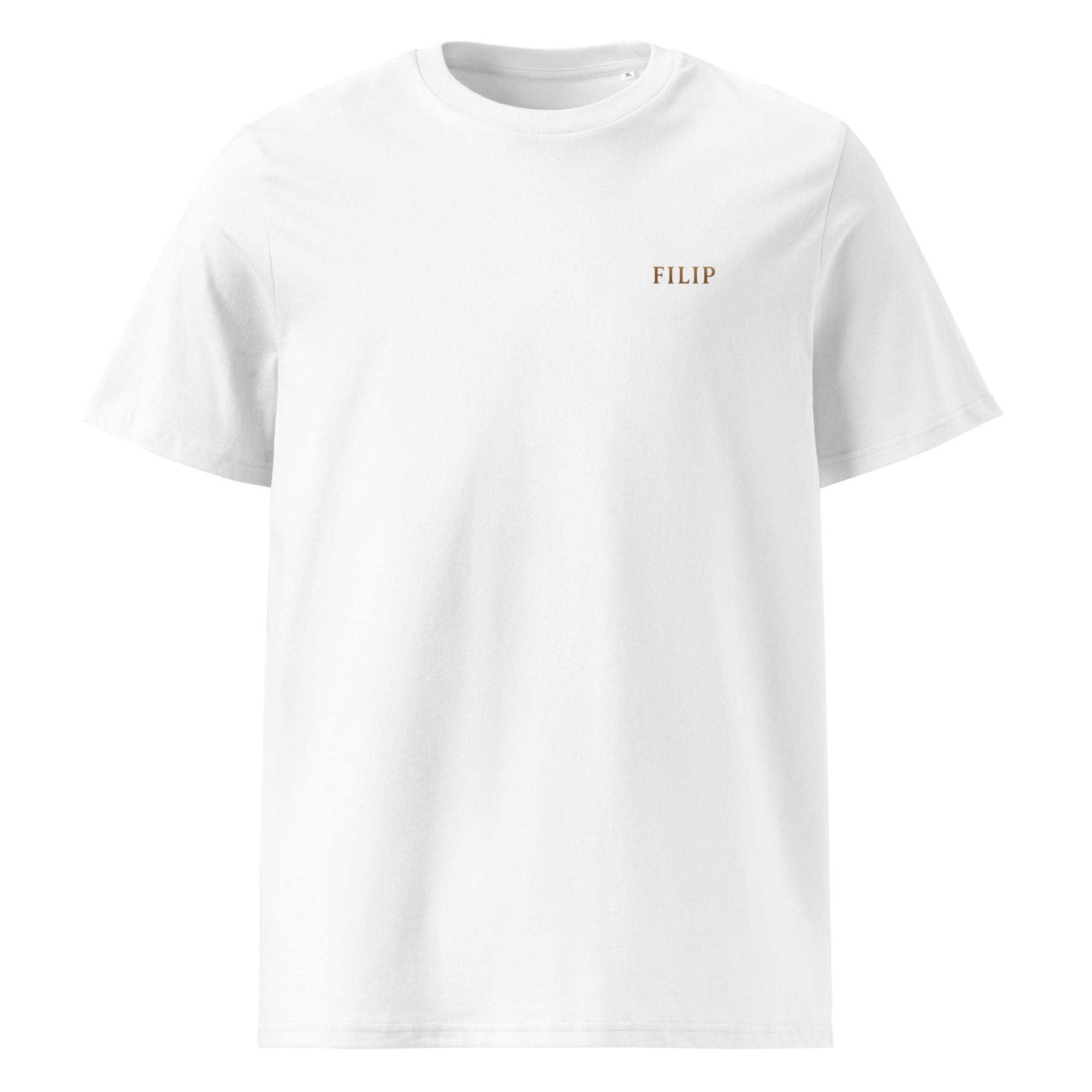 Camiseta FILIP Blanco — vista frontal, bordado artesanal hilo bronce, algodón orgánico GOTS | Filip Maison