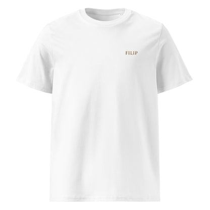 Camiseta FILIP Blanco — vista frontal, bordado artesanal hilo bronce, algodón orgánico GOTS | Filip Maison