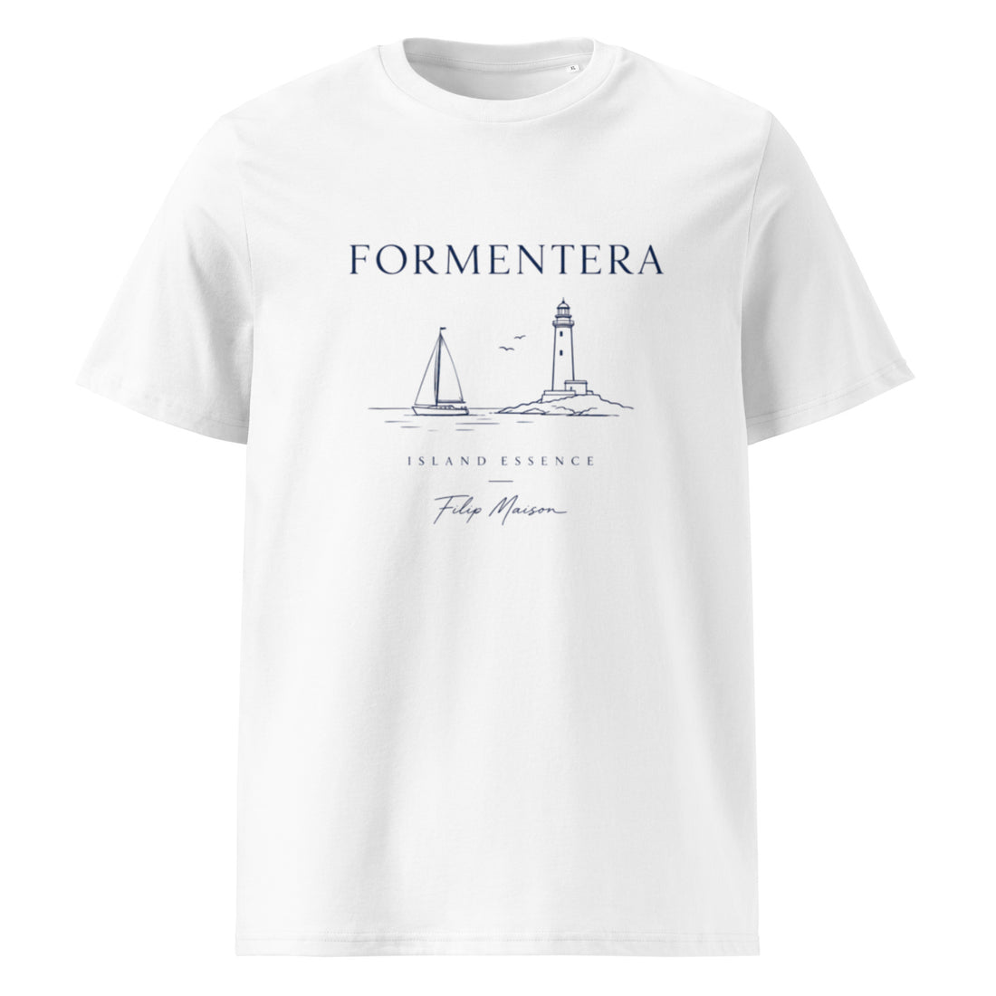 Camiseta Heritage FILIP Formentera — vista frontal, estampado velero minimalista, algodón orgánico GOTS | Filip Maison