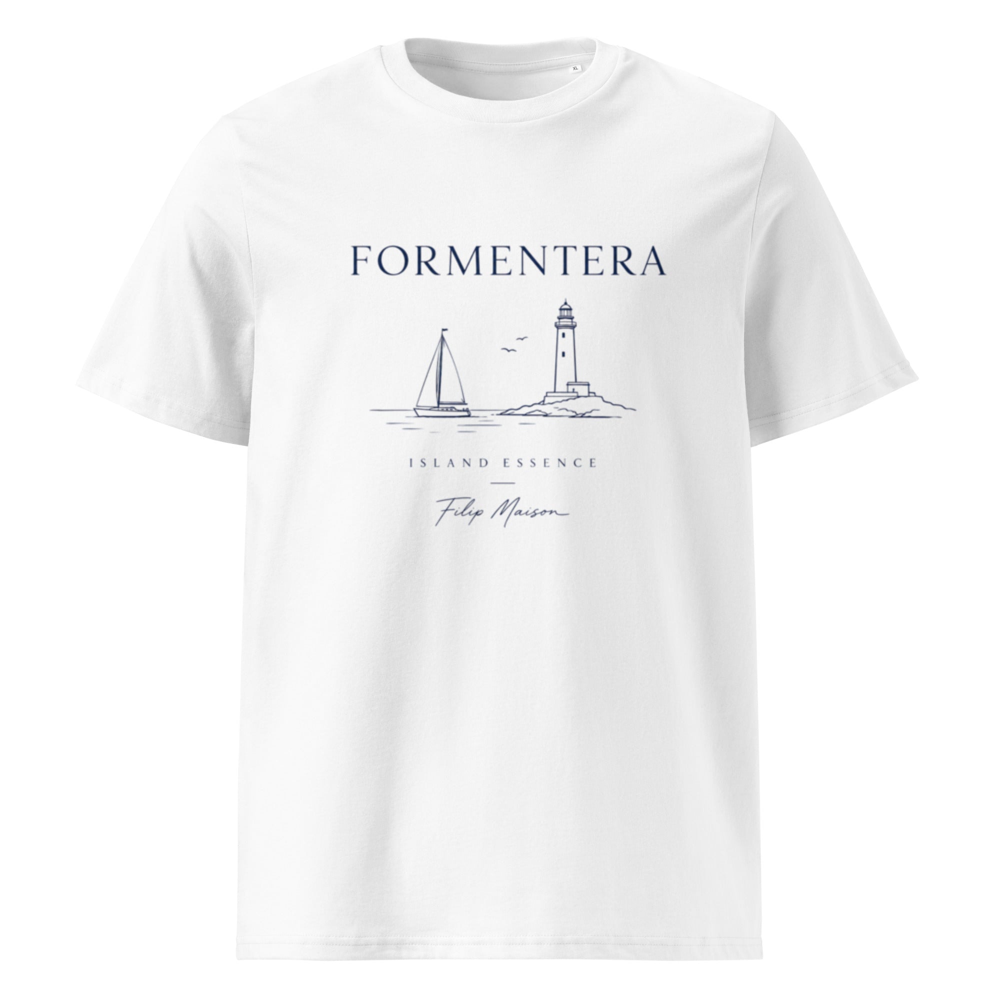 Camiseta Heritage FILIP Formentera — vista frontal, estampado velero minimalista, algodón orgánico GOTS | Filip Maison