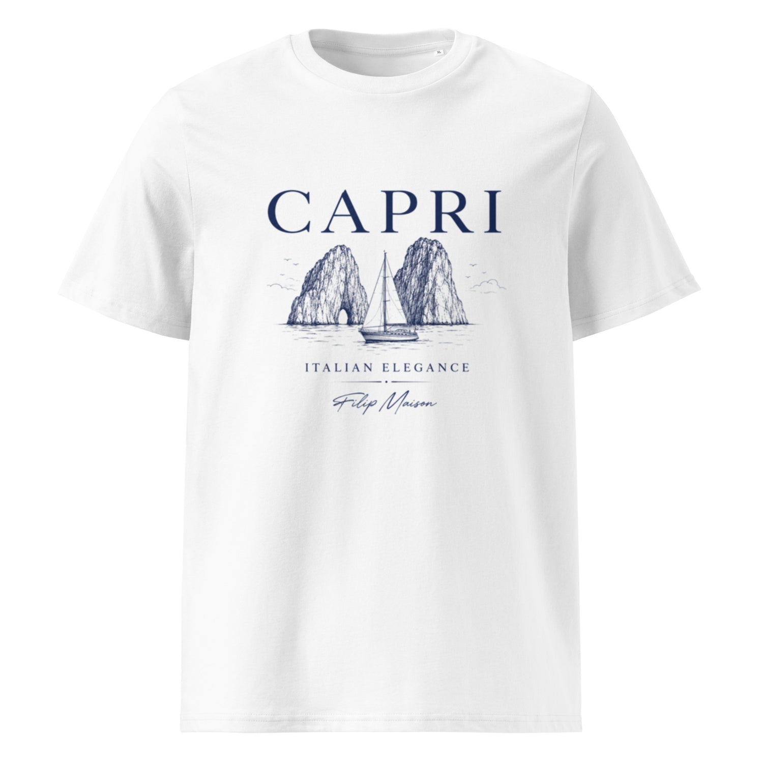 Camiseta Heritage FILIP Capri — vista frontal, estampado Faraglioni vintage, algodón orgánico GOTS | Filip Maison