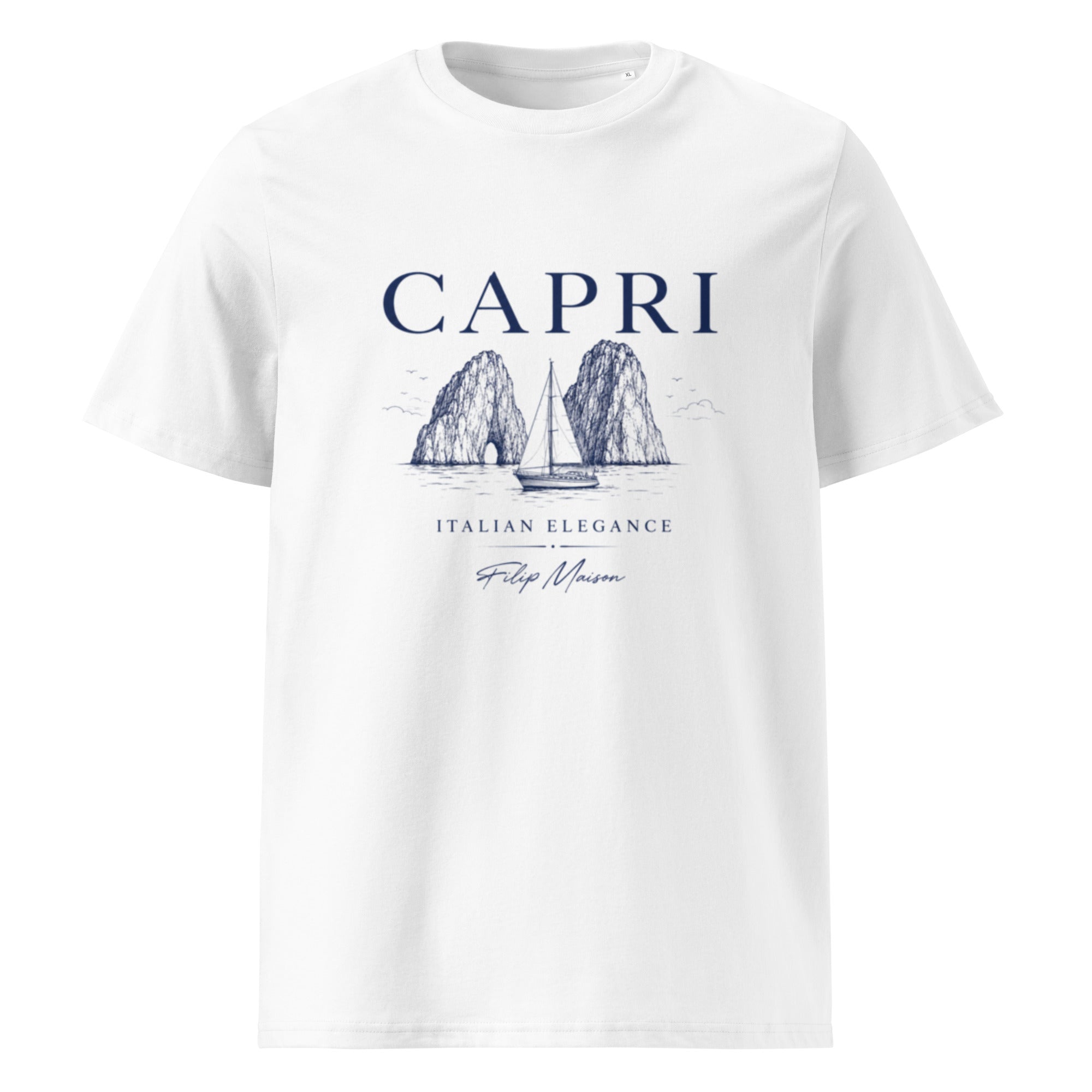 Camiseta Heritage FILIP Capri — vista frontal, estampado Faraglioni vintage, algodón orgánico GOTS | Filip Maison